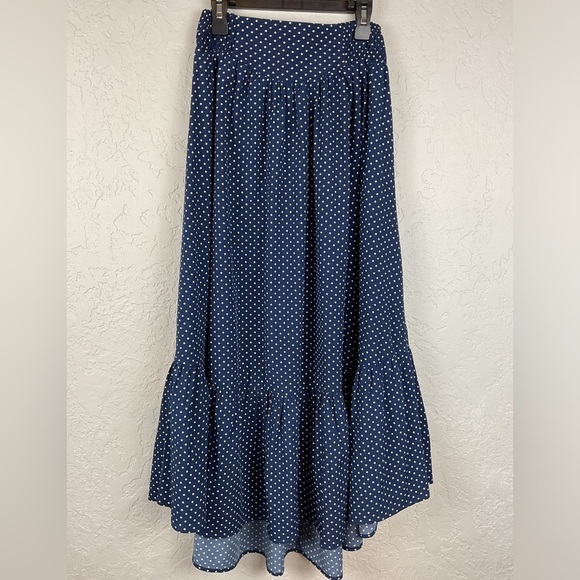 NWT Favlux Blue White Polka Dot Ruffle Hi Lo Hem Long Line Skirt Size Small - Picture 1 of 10